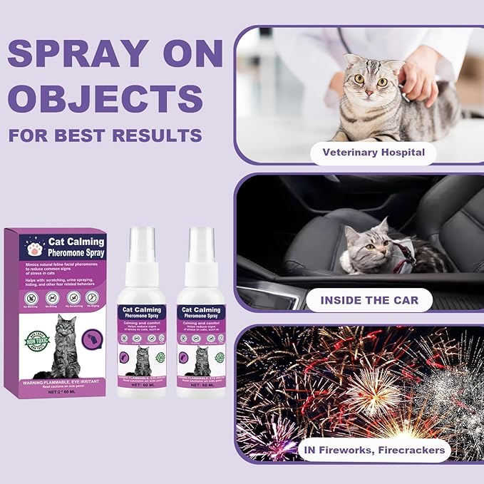 Cat Calming Spray with Pheromones – Anxiety & Stress Relief for Cats – Reduce Scratching Furniture, Urine Marking & Aggression – Calming Aid for Travel, Vet Visits & Home – 60-Day Supply (2 × 60 mL)