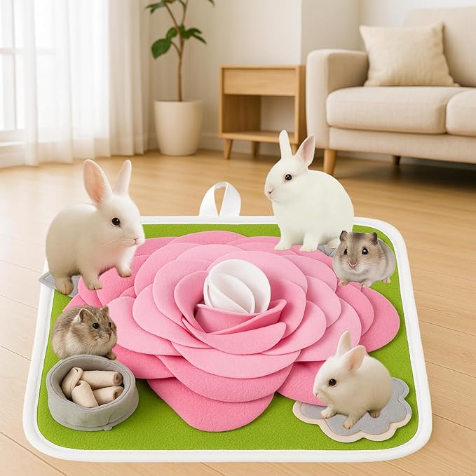 Rabbit Foraging Mat, Bunny Activity Toys Snuffle Mat for Small Animals Forage Mat for Rabbit Guinea Pig Hamster Chicken Hedgehog Chinchilla Puppies Cat Stress Relief Puzzle Interaction Toys (Pink)