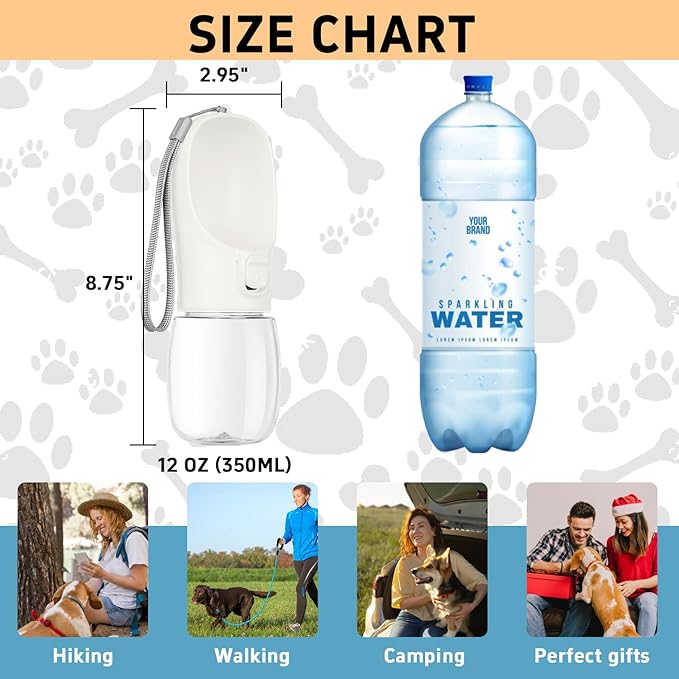 Maiiu Portable Travel Dog Bottle with Bowl, Leak Proof, Convenient for Walking, Hiking and Camping (White, 12oz)