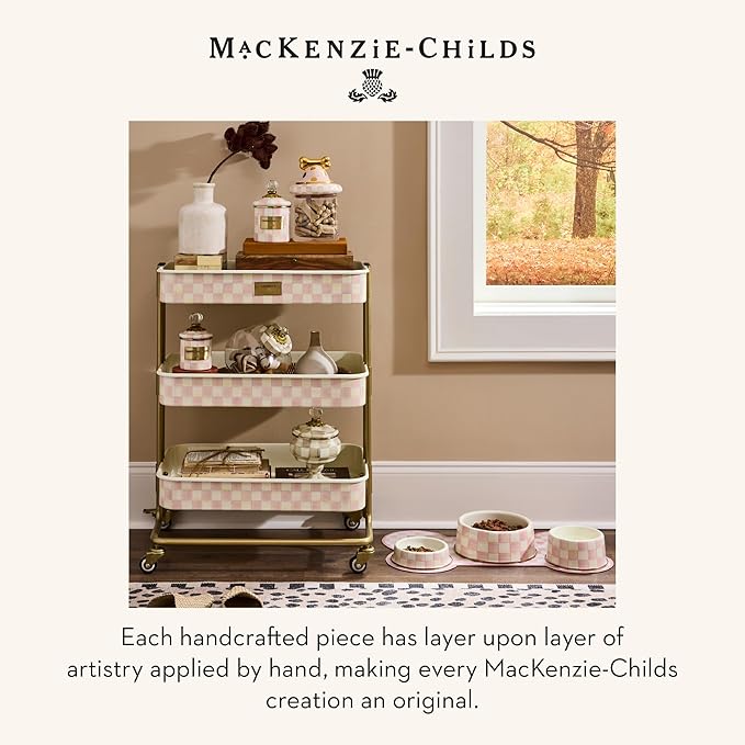 MACKENZIE-CHILDS Enamel Pet Bowl, Cute Cat and Dog Bowl for Food and Water, Large, Pink-and-White Rosy Check