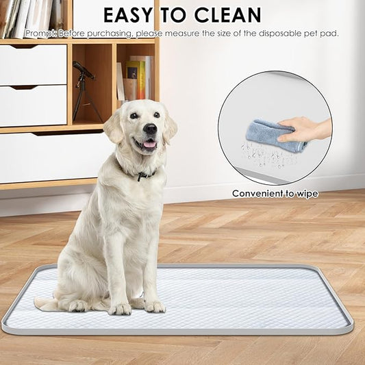 Silicone Pee Pad Holder for Floor Protection Leak Proof Foldable Puppy Potty Training Pad Holder with Raised Edge for Home Travel(灰白,L)