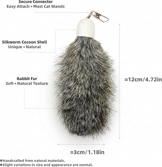 2 Pack Natural Rabbit Fur Cat Toy Refills – Silent Interactive Cat Toys for Indoor Cats, Handmade Replacement Heads with Secure Connector for Cat Wand Toys
