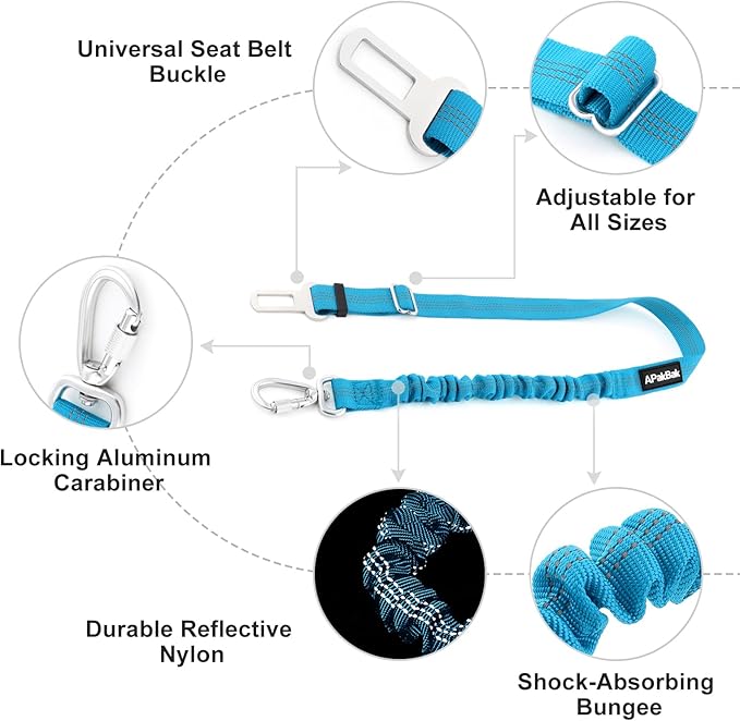 Dog Seat Belt for Car, Adjustable Dog Car Harness Seatbelt for Small Medium Large Dogs, Heavy Duty Travel Safety Restraint with Locking Aluminum Hook & Reflective Nylon Strap, Light Blue