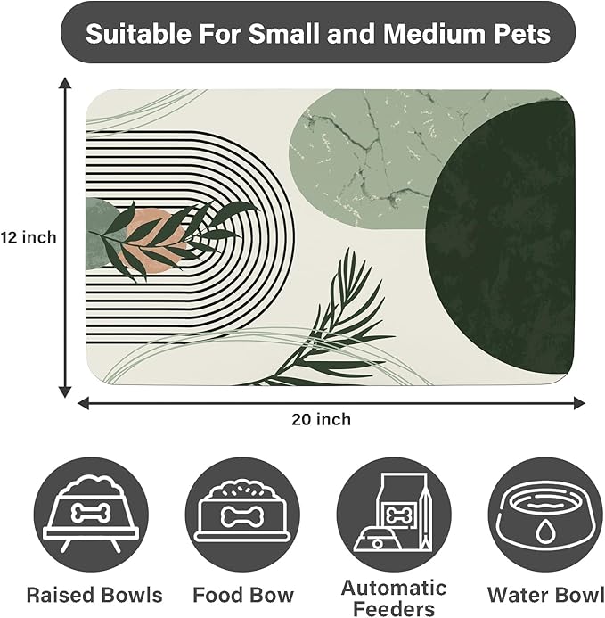 Patterned Cat & Dog Bowl Mat for Food and Water, 12"×20" Quick Dry Absorbent Pet Feeding Mat, Eco-Friendly Dog Placemat