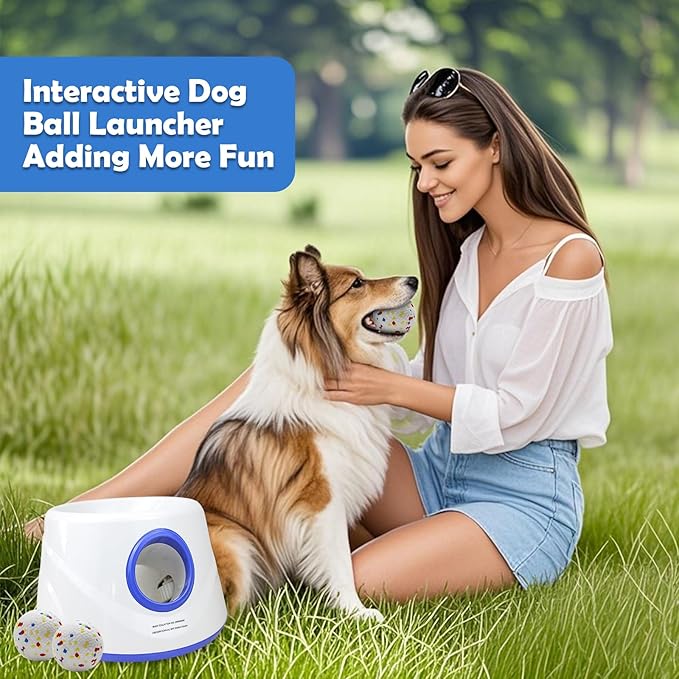 MEKAPLE Automatic Dog Ball Launcher, Upgraded Interactive Dogs Balls Thrower for Small Dogs, Distance Adjustable Mental Stimulating Dog Toys with 4 Durable Etpu Balls 2.2 Inch (Blue)