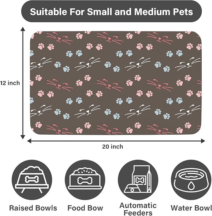 Patterned Cat & Dog Bowl Mat for Food and Water, 12"×20" Quick Dry Absorbent Pet Feeding Mat, Eco-Friendly Dog Placemat