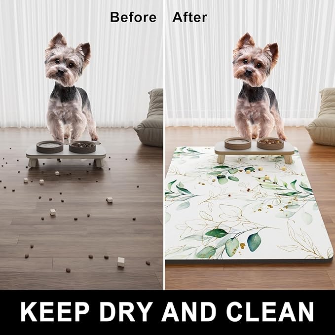 Dog Food Mat, 16" x 24" Minimalism Absorbent Dog Cat Bowl Mat for Food and Water, Cute Anti-Slip Rubber Pet Feeding Rug Protect Floors, Placemat for Feeding & Watering Supplies, Leaf