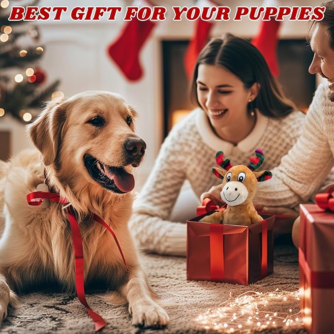 Dog Toys Squeaky Interactive Puppy Teething Chew Toy Deer Shape Stuffed PP Cotton Crinkle Sound Paper Tail, for Large Medium Small Breeds Indoor Outdoor Play,Christmas
