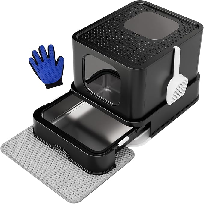 RIZZARI Stainless Steel Cat Litter Box: Large Leak-Proof Odor-Free Design - XXL All Black - for Indoor Cats Pet Owners Solution