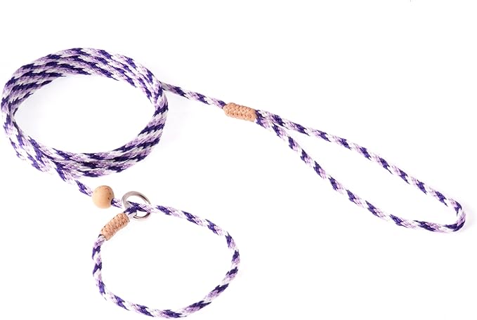 Alvalley Nylon Dog Training Leash with Stopper - Adjustable Nylon Rope Comes with Braided Leather at Ends - Tagua Bead Stopper Slip Lead - Suitable for Walking, and Training
