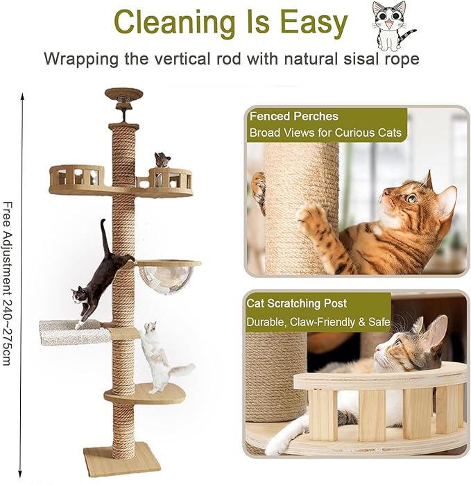 Floor to Ceiling cat Tree - Adjustable Height (95-98in,104.3-108.2in)- with Width 4.33 in Scratching Post,Cat Hammock,Fully Wrapped with sisal Rope - Heavy Duty cat Tree.(Holds 110 lbs)