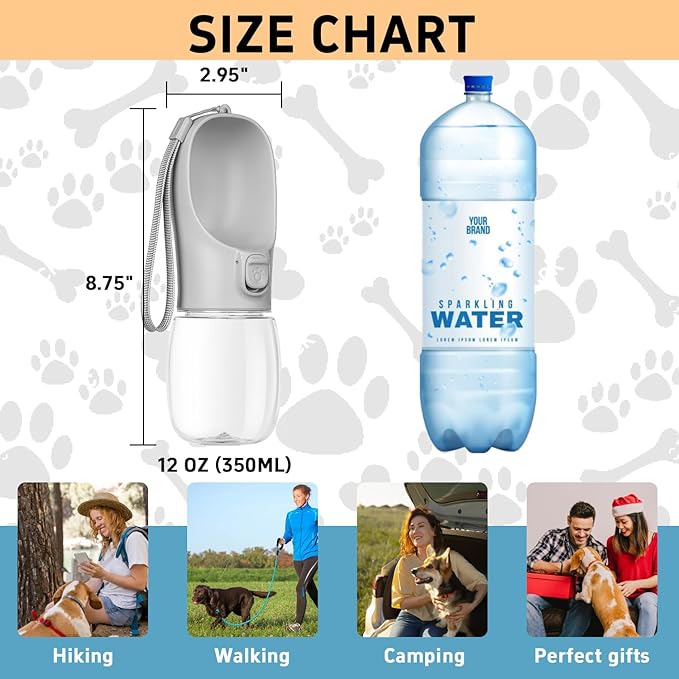 Maiiu Portable Travel Dog Water Bottle with Bowl, Leak Proof, Convenient for Walking, Hiking and Camping (Gray, 12oz)