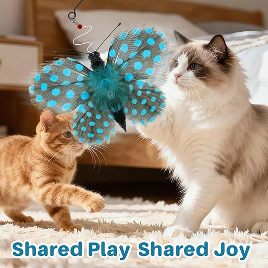 Walfront Interactive Cat Wand Toy with Feather & Butterfly Attachments, Cat Toys for Indoor Cats and Kittens, Replaceable Teaser Heads, Bright Colors, Durable Wand, Boosts Hunting Instinct & Exercise