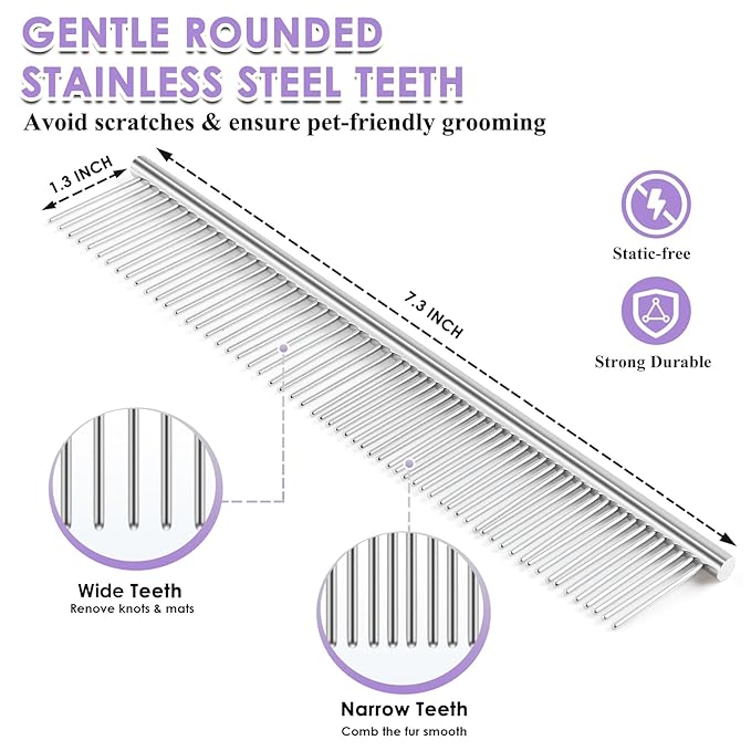 Large Long Pin Slicker Brush & Comb for Poodles, Goldendoodles & Cockapoos, Long Hair Dogs & Cats, Detangler Brush for Shedding & Matted Fur, Ergonomic Wooden Handle, Leather Sleeves. Purple