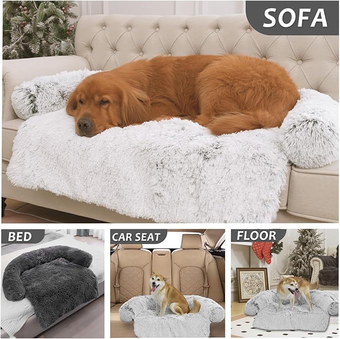 Calming Dogs/Cats Bed Mats, Dog Pad Washable Removable Couch Cover, Plush Long Fur Mat for Pets, Waterproof Lining, Perfect for Small, Medium and Large Dogs and Cats (Dark Gray, 45"x37")