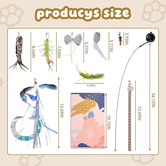 Cat Wand Toy with Suction Cup, Interactive Feather Teaser for Indoor Cats, 8 Replaceable Heads, Door Hanging Design