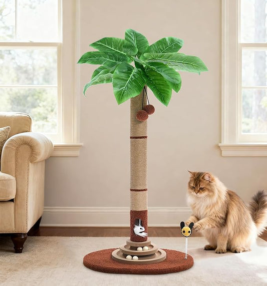 Made4Pets 42" Tall Cat Scratching Post with Sisal Rope, Interactive Hanging Balls, Toy Mouse and Two-Layer Ball Track Cat Toys, Palm Tree Cat Scratcher Tower for Indoor Cats and Kittens