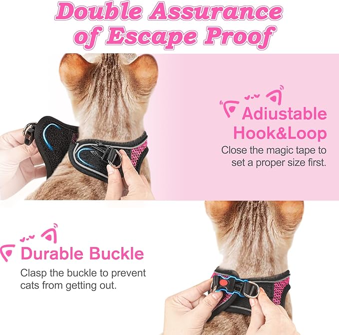 Cat Harness and Leash for Walking Escape Proof, Adjustable Kitten Vest Harness Reflective Soft Mesh Puppy Harness for Outdoor, Comfort Fit, Easy to Control (Pink, L)