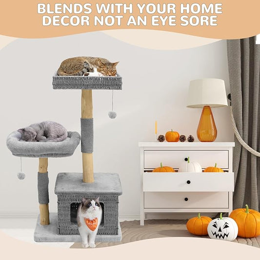 Modern Cat Tree for Indoor Cats - Multi-Level Wooden Tower with Scratching Posts, Large Jumping Platforms, Hanging Toy - Modern Luxury Cat Furniture for Indoor Cats-Grey