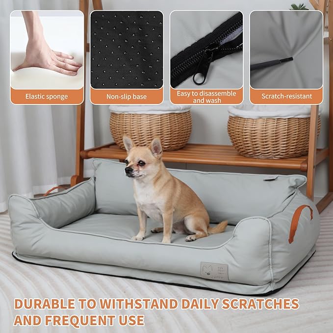 Waterproof Leather Memory Foam Dog Sofa Bed, Removable Orthopedic Dog Beds for Large Dogs, Durable Dogs Bed Couch with Non Skid Bottom for Different Pet Sizes (Silver Gray, X-Large)