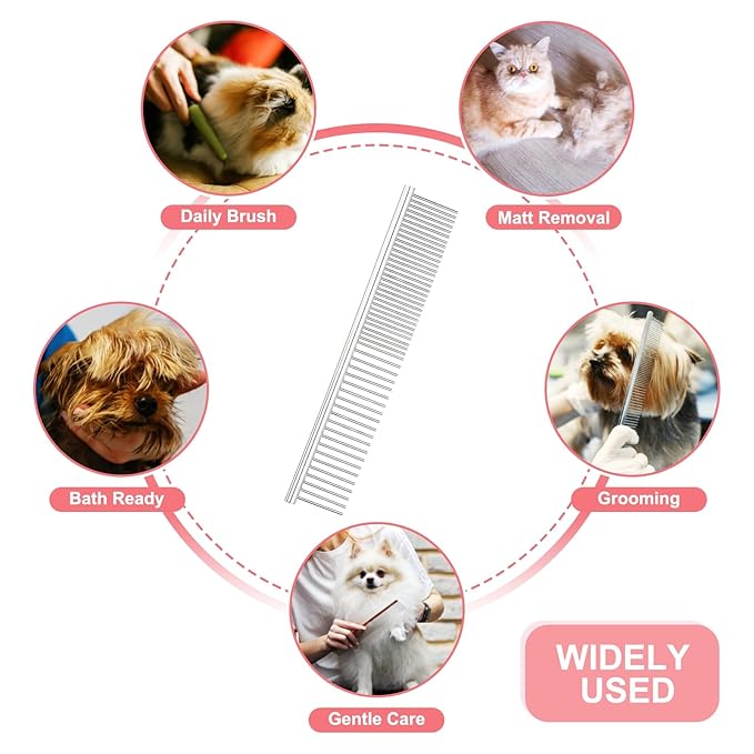 Dog Cat Comb, Pet Combs Stainless Steel Teeth with Rounded Ends for Knots Mats Loose Hair Removal, 6.5IN (Silver, 3 Pack), Grooming Tool Intended for Long Curly Hair Pet