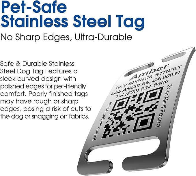 QR Code + Text Dog Tags Personalized for Pets Cats Custom ID Laser Deep Engraving Stainless Steel Ultra Durable Up to 3 Text Inputs, Polished Curved Rectangular Arch, Medium for 3/4" Collars
