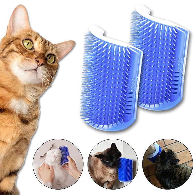 Cat Self Groomer โ Wall Corner Grooming Brushes for Cats and Small Pets โ Soft Silicone Massage Brush for Shedding Control and Face Rubbing (Dark Blue)