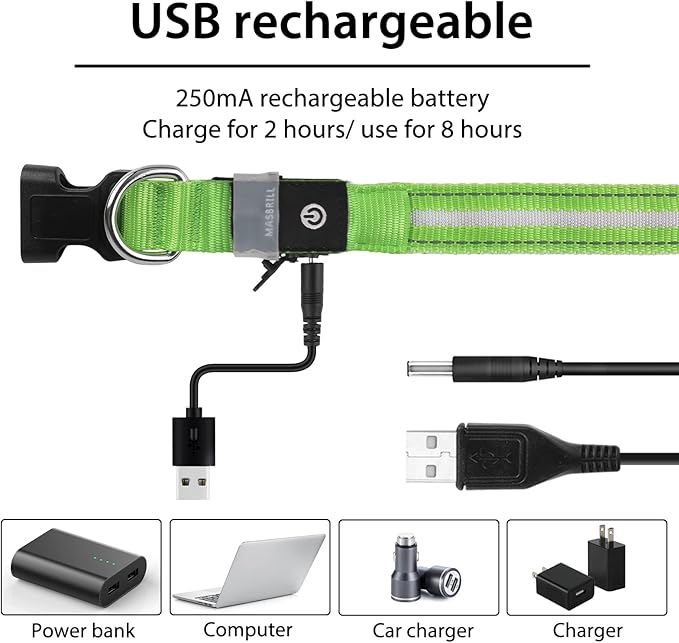 MASBRILL LED Dog Collar-Rechargeable Waterproof Glow Light Up Dog Collars- Safety Illuminated Flashing Light Collar for Dogs