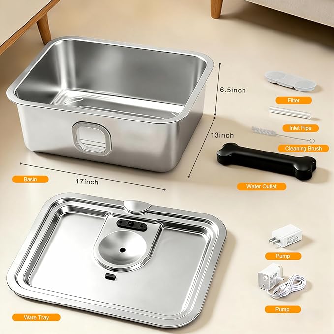 Teynouk 4Gal/15L Dog Water Fountain for Large Dogs, Stainless Steel Automatic Water Bowl Dispenser with Water Level Window, LED Light & Ultra-Quiet Pump for Cats and Multi-Pet Homes