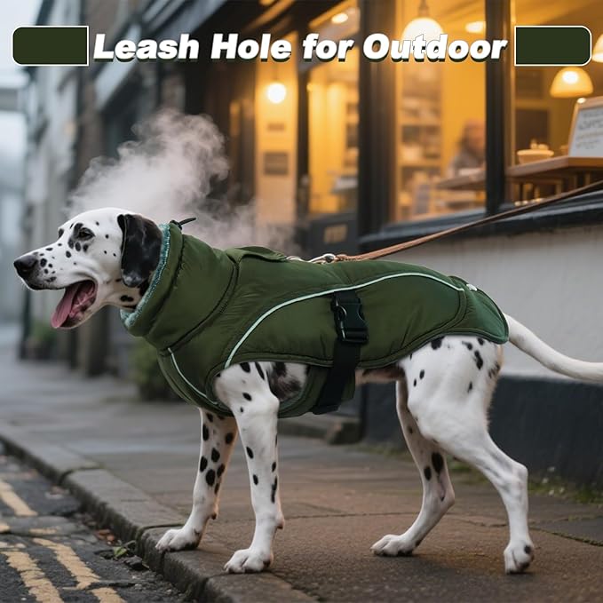 DENTRUN Winter Warm Dog Coat Reflective Jacket with Turtleneck for Cold Weather, Adjustable Buckle Windproof Water Repellent, Thick Snowsuit Fleece Vest for Small, Medium, Large Dogs, Green, L