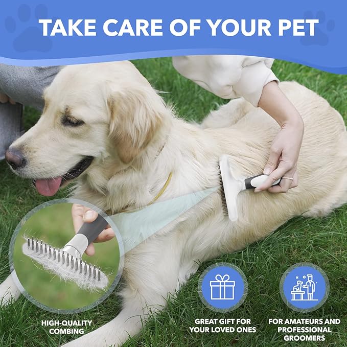 Dog rake deshedding dematting Brush Comb - Undercoat rake for Dogs, Cats, matted, Short,Long Hair Coats - Brush for Shedding, Double Row Stainless Steel pins - Reduce Shedding by 90% (White)