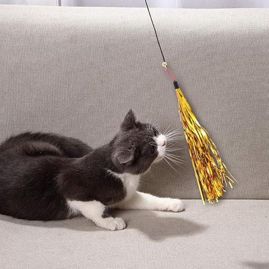 balacoo 5 Pcs Cat Teaser Wand Replacement, Cat Stick Metallic Foil Tassel with Bell, Interactive Catcher Teaser for Indoor Pet Kitten Playing (Random Color)