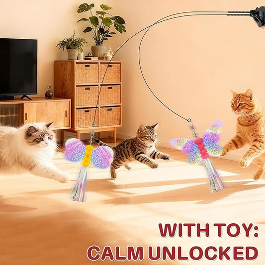 Walfront Interactive Cat Wand Toy Set with Replaceable Butterfly & Bee Bell Heads, Dual Suction Cup Base, for Self-Play or Handheld Fun with Indoor Cats & Kittens, Keeps Pets Active and Stimulated