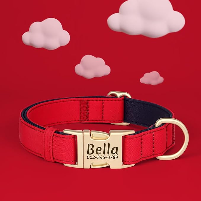 PET ARTIST Personalized Dog Collars, Colorful Red Custom Dog Collar with Silent Engraved ID Tag, Lightweight Breathable Nylon & Soft Padded, Matching Leash & Poop Bag for Large Dogs,L Fit 15-23"