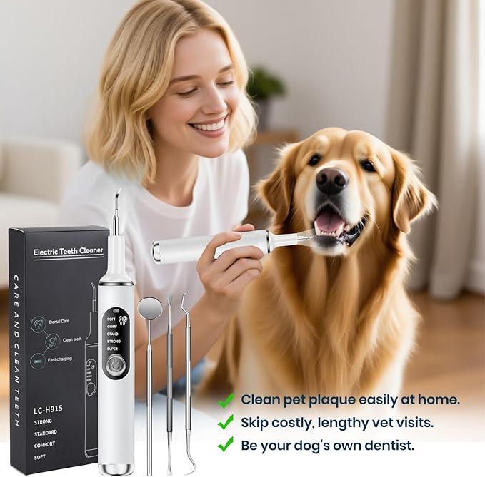 Dog Plaque Remover for Teeth,Pet Tooth Cleaner with LED Light,Cleaning Kit for Tartar and Stains,5 Adjustable Modes,Pet Teeth Cleaning kit,Suitable for Dogs and Cats (White)