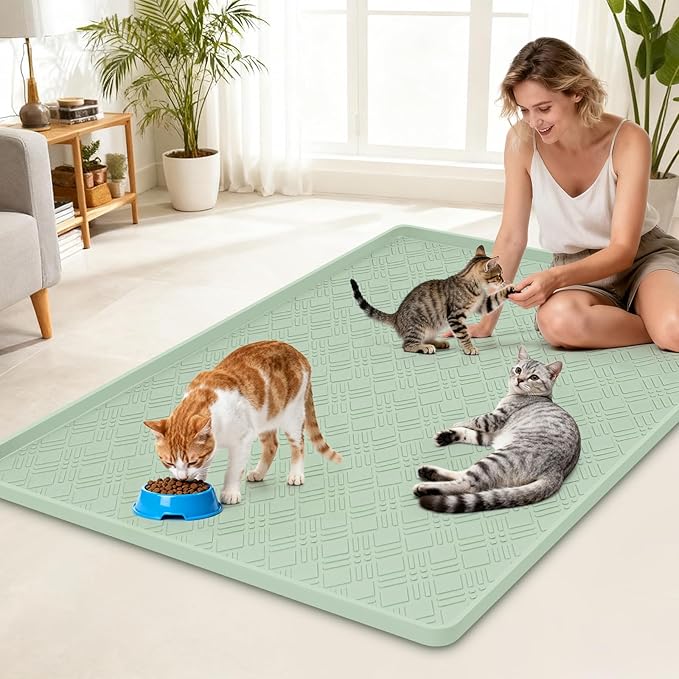 Lanstics Cat Food Mat, 42" x 29" Large Silicone Mat Cat Feeding Mat with Raised Edge Non-Slip Pet Feeding Mat for Food and Water Bowl, Easy to Clean, Floor Protection (Light Green)