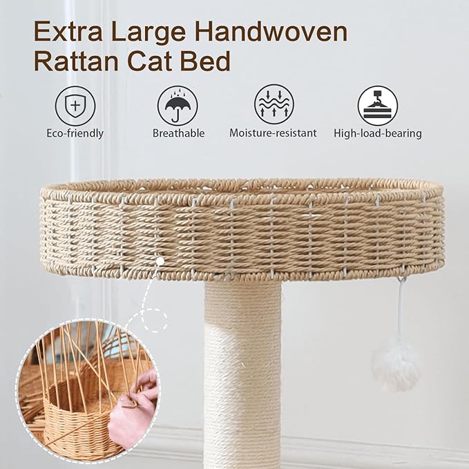 Wooden Cat Tree for Large Cat, Tall Cat Tower with Scratching Post for Indoor Cats, Multi-Level Cat Condo with Hand-Woven Cat Bed and Scratching Board Easy to Clean (48IN)