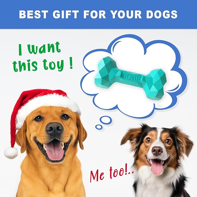 Durable Dog Chew Toy Rubber Bone 100% Natural Bite-Resistant Interactive Pet Toys for Dogs, Diamond Texture Modern Geometric Design (Lake Green, Small)