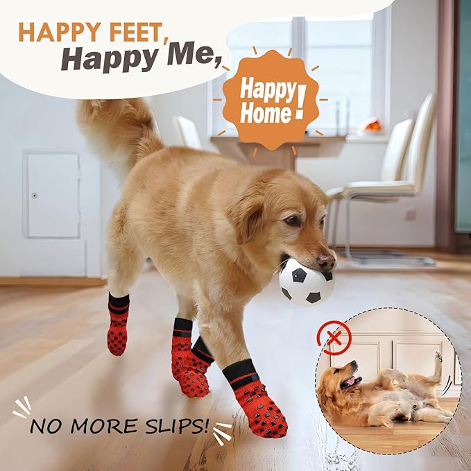 Non Slip Dog Socks to Prevent Licking Paws Grippy Socks for Senior Dog on Hardwood Floors Anti Slip Dog Socks for Christmas Holiday Double Side Paw Protector Prevent Scratching Red S