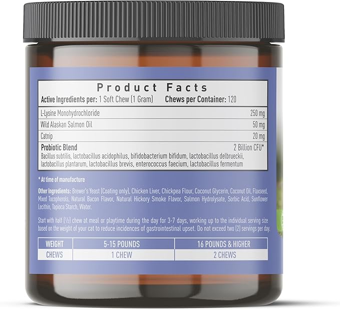 Strawfield Pets Super Chews for Cats - Lysine, Probiotics, Omega 3 Fish Oil (Salmon Oil), Catnip - Supports Immune, Gut, Skin & Joint Health - Hickory Bacon Salmon & Liver Flavor 120 Softchews