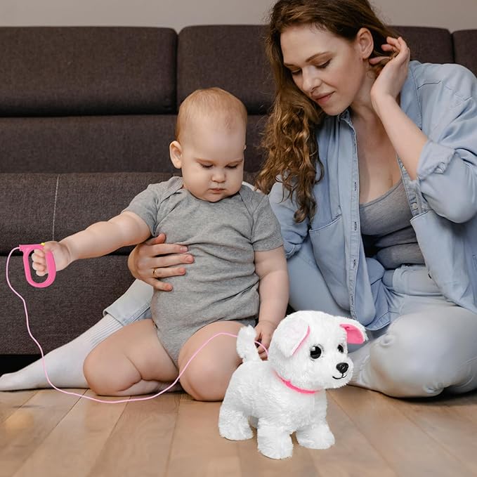 YH YUHUNG Walking White Dog Toy with Leash, Fluffy Electronic Puppy That Walks, Barks & Wags Tail, Interactive Robot Pet Plush Animal, Gift for Girls & Boys 3-7 Years (White)