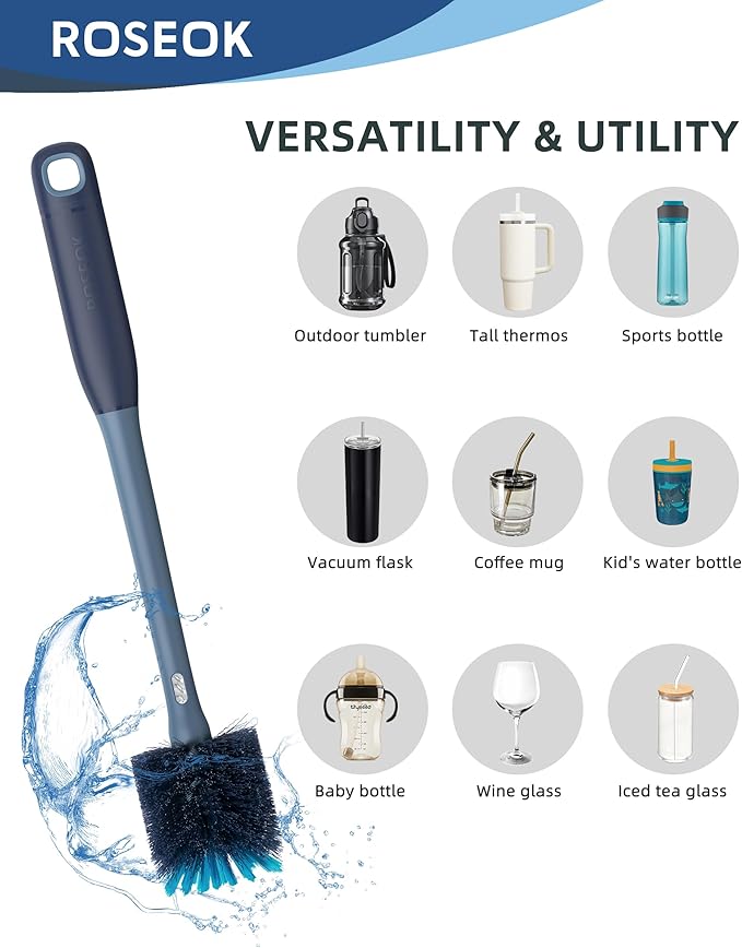 ROSEOK 2in1 Bottle Scrubbing Brush with Straw Brush has Long and Comfortable Handle, Cleaning Glass, Sports Bottle, Coffee Mug,1 Pack, Grayish Blue