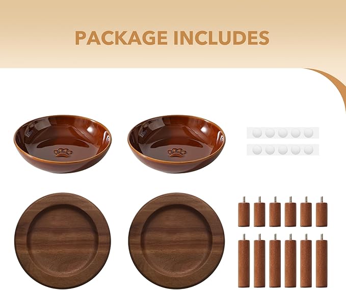2 Sets of Elevated Ceramic Paw Print Cat Dish, Wide Whisker Friendly Anti-Slip Food & Water Bowl with 2 Heights Adjustable Acacia Wooden Stands(2 Dishes +2 Stands, White)