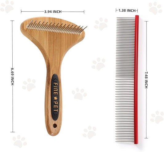 Dog Rake for Undercoat & Stainless Steel Shedding Comb for Long Hair Dogs and Cats 2 Pack Pet Grooming Kit of Deshedding Brush and Metal Comb for Detangling Matted Fur