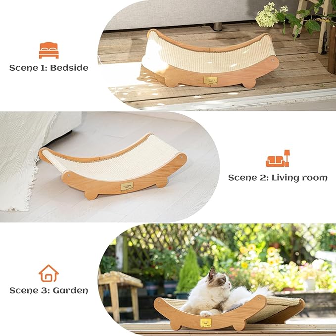 CHEERHOME PETS Sisal Cat Scratcher Bed for Indoor Cats Hammock for Scratching Pad Cat Chair Nartural Sisal Scratch Post for Large Cats Scratcher Lounge, Wooden Cat Furniture(Large)