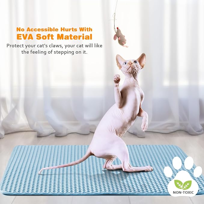 Waterproof Cat Litter Mat, Double Layer EVA, Odor-Free Large Grid, Urine Proof, Easy Cleanup (Blue, 16 x 20)