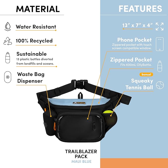 OllyDog Trailblazer Pack | Fanny Pack | Dog Treat Pouch | Includes Rubber Fetch Ball | Water-Resistant | Poop Bag Dispenser | Hands-Free | Dog Walking & Training