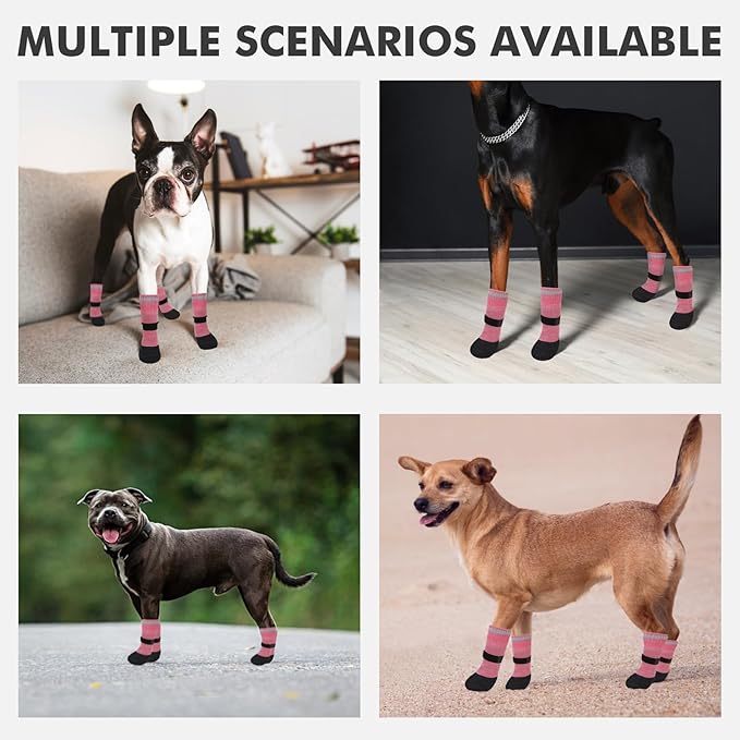 Mihachi Anti Slip Dog Socks, Dog Boots for Hardwood Floors Prevent Licking, Traction Control Waterproof Rubber Sole Paw Protectors for Small Medium Large Dogs, Pink Large