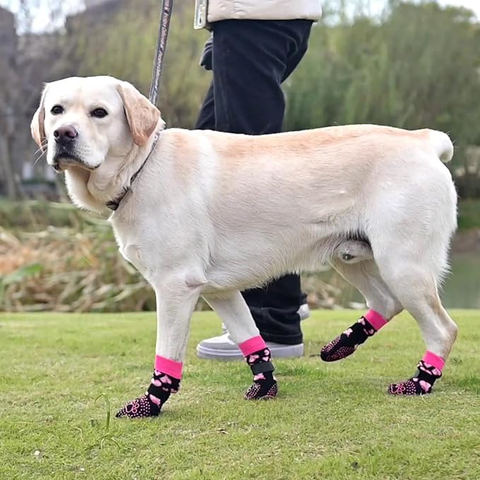 KOOLTAIL Anti Slip Dog Socks for Hot/Cold Pavement to Prevent Licking Paws, Dog Boots&Paw Protector with Grippers for Hardwood Floors,Pink Heart Valentine's Socks Booties for Small Medium Large Dogs M