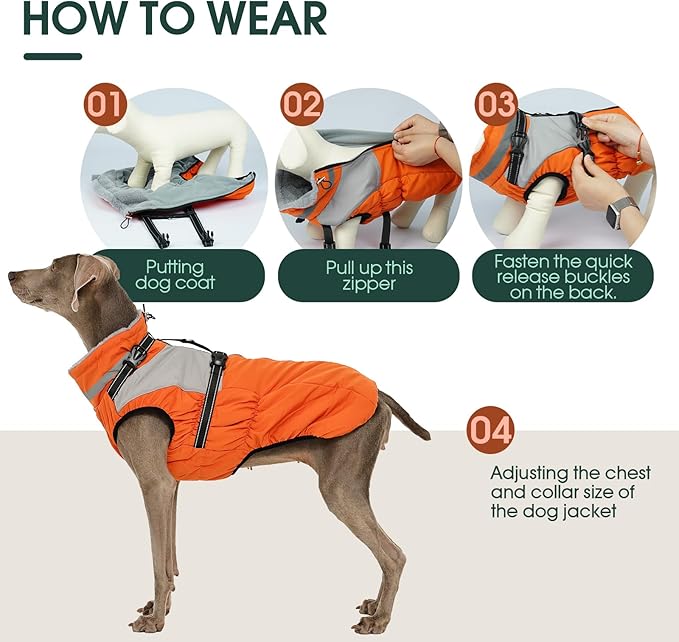 Kuoser Dog Coat, 2 in 1 Dog Jacket with Harness Built in, Winter Waterproof Puppy Puffer Jacket Snowsuit for Small Medium Large Dogs, Cold Weather Reflective Pet Fleece Hunting Vest with Zipper